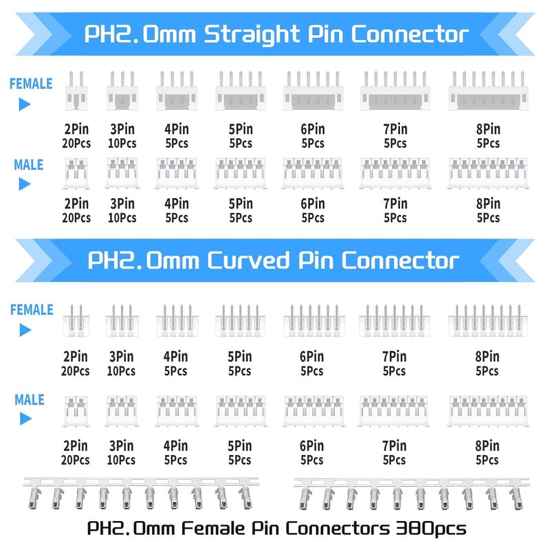 JTAREA 29Values 600PCS JST PH 2.0 MM Connector Kit 2.0MM 2 3 4 5 6 7 8 Pin Female Male Housing Jst-ph Female Pin Connectors - Image 2